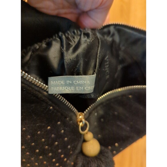 Vince Camuto Cosmetic Makeup Bag Black Velvet Gold Micro Studs Zip Pom Pom - Picture 10 of 11
